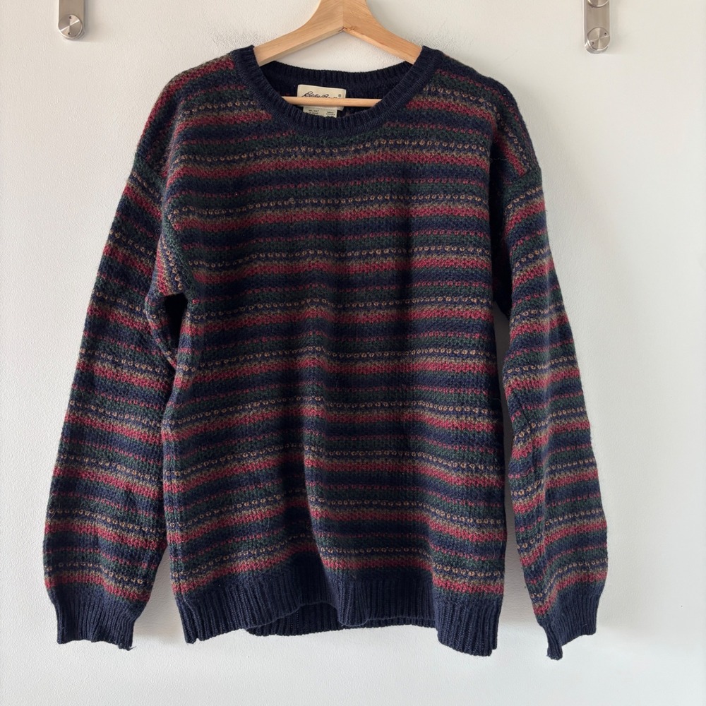 Vintage Eddie Bauer Mens Wool Sweater Navy Blue Striped Crewneck Knit M